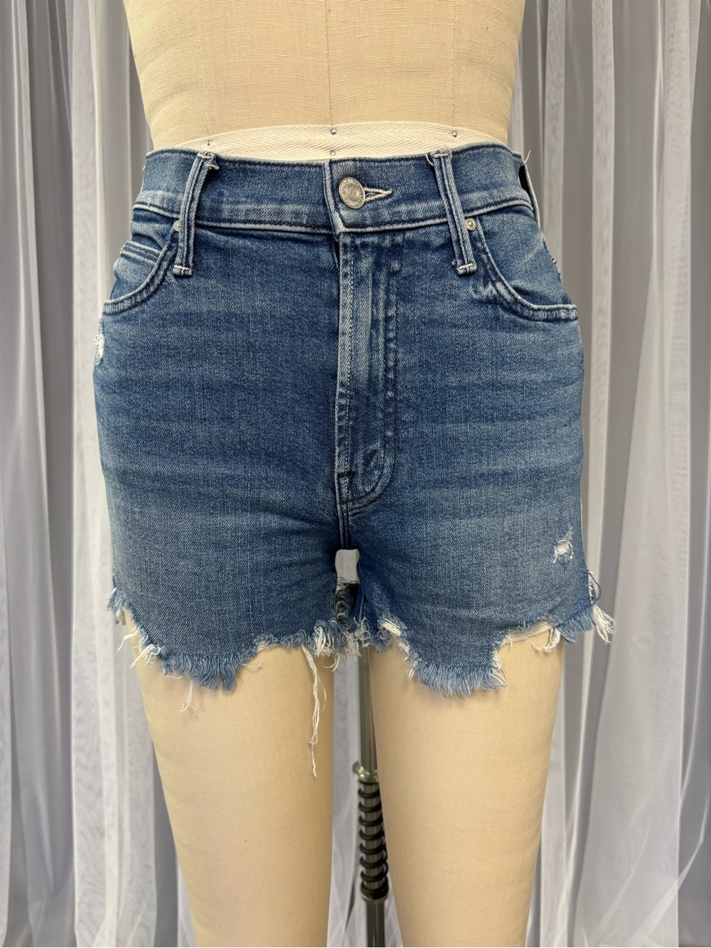 MOTHER Blue Denim High-Rise Cutoff Shorts with Rainbow Pocket - Picture 3 of 8